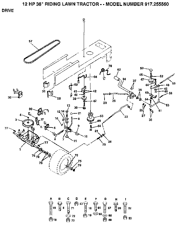 Drive Diagram and Parts List for  Craftsman Lawn Tractor