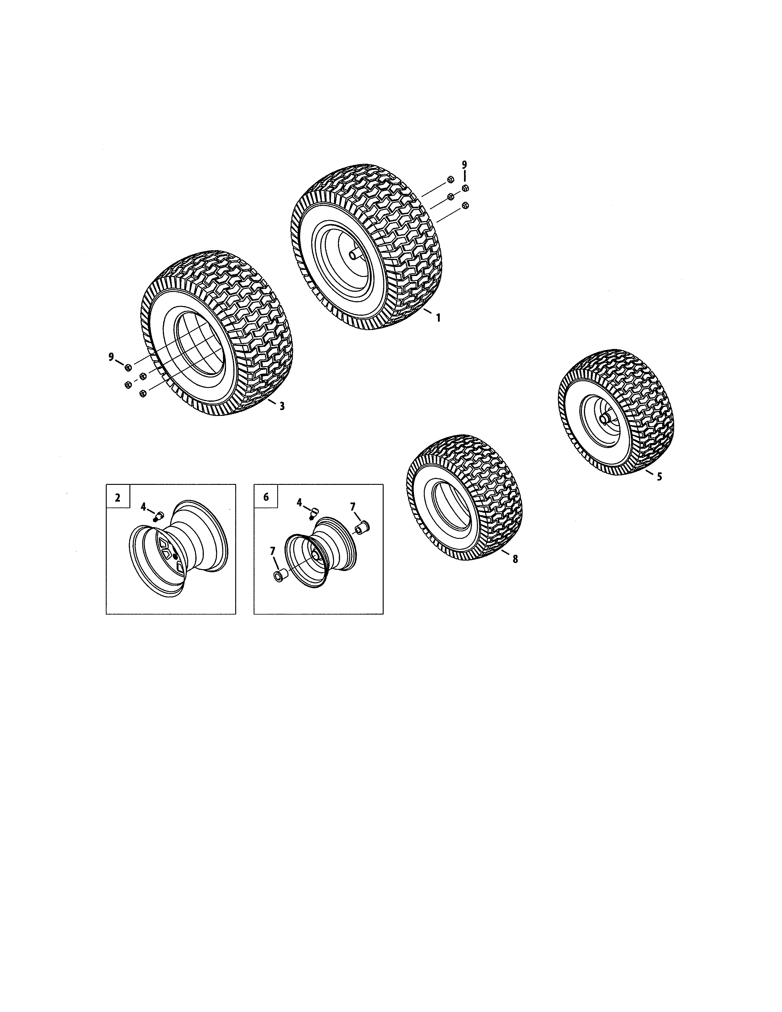 Wheels Diagram and Parts List for  Craftsman Lawn Tractor