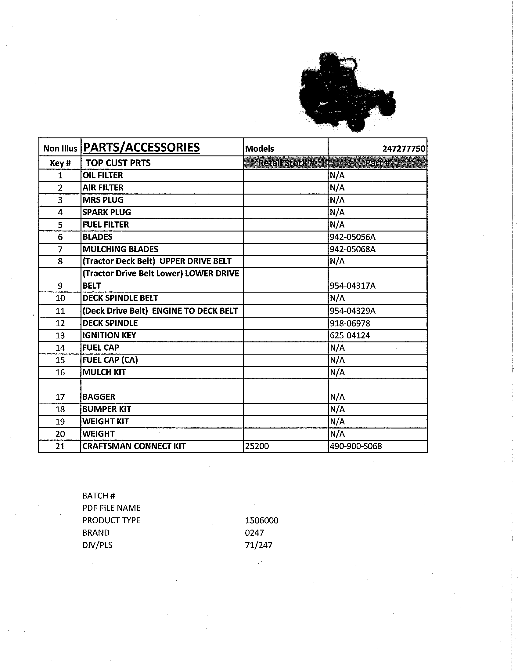 Top Customer Parts Diagram and Parts List for  Craftsman Engine