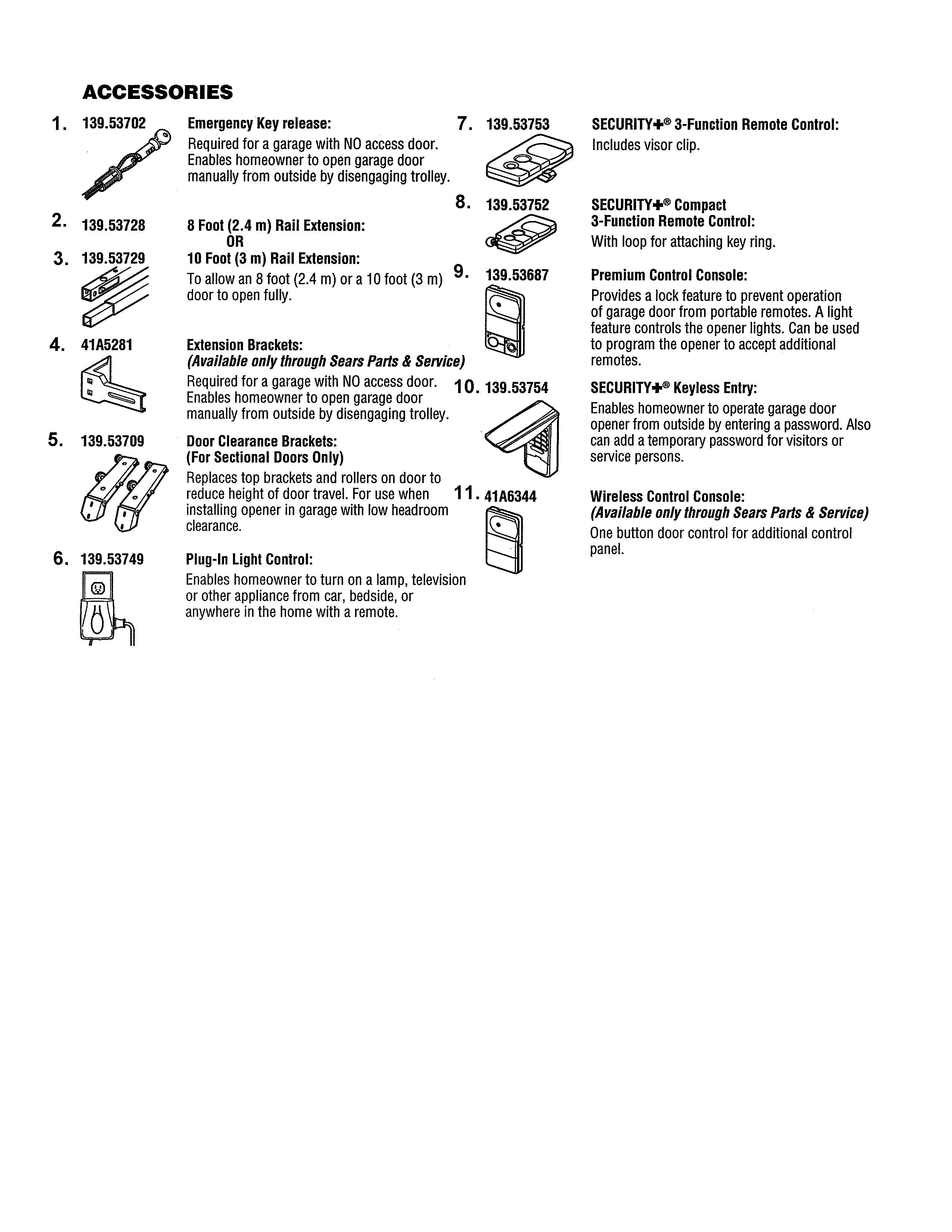 Accessories Diagram and Parts List for  Craftsman Garage Door Opener