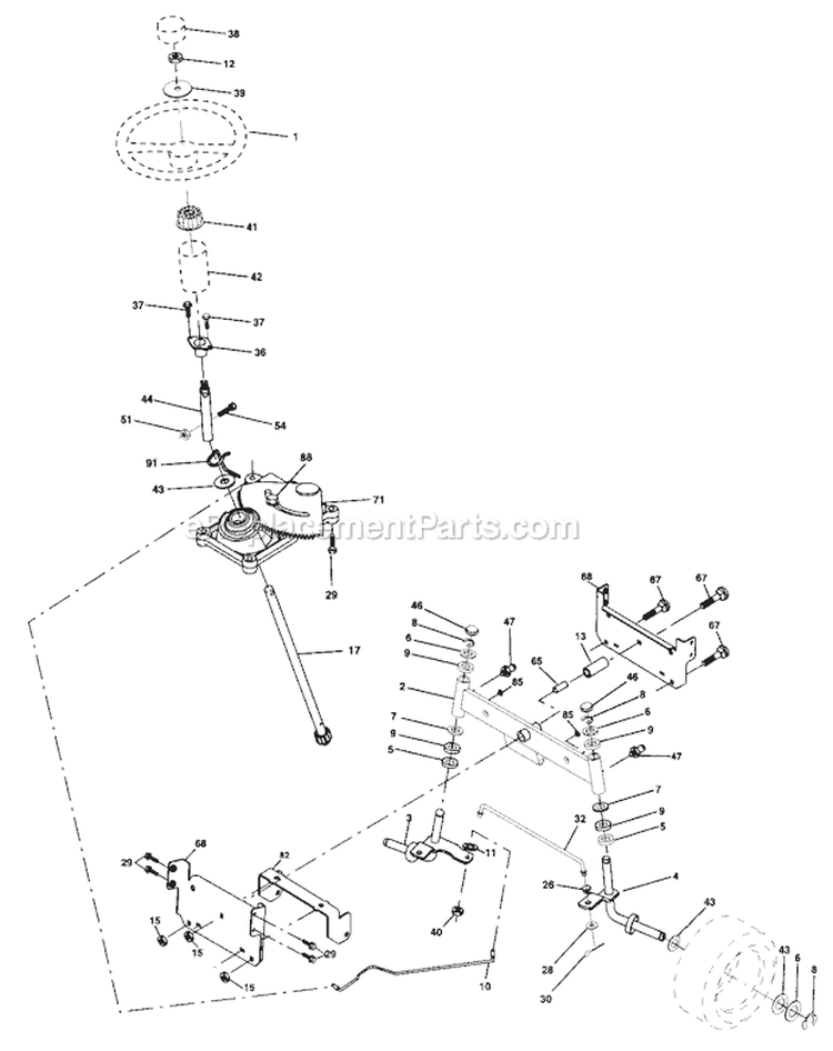 Steering Assembly Diagram and Parts List for  Craftsman Lawn Tractor
