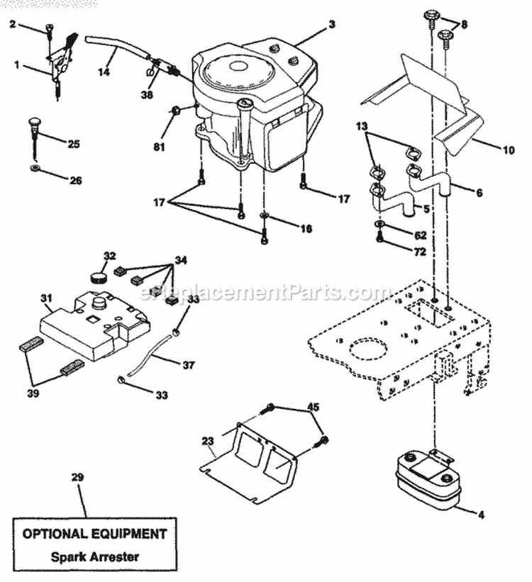Engine Diagram and Parts List for  Craftsman Lawn Mower
