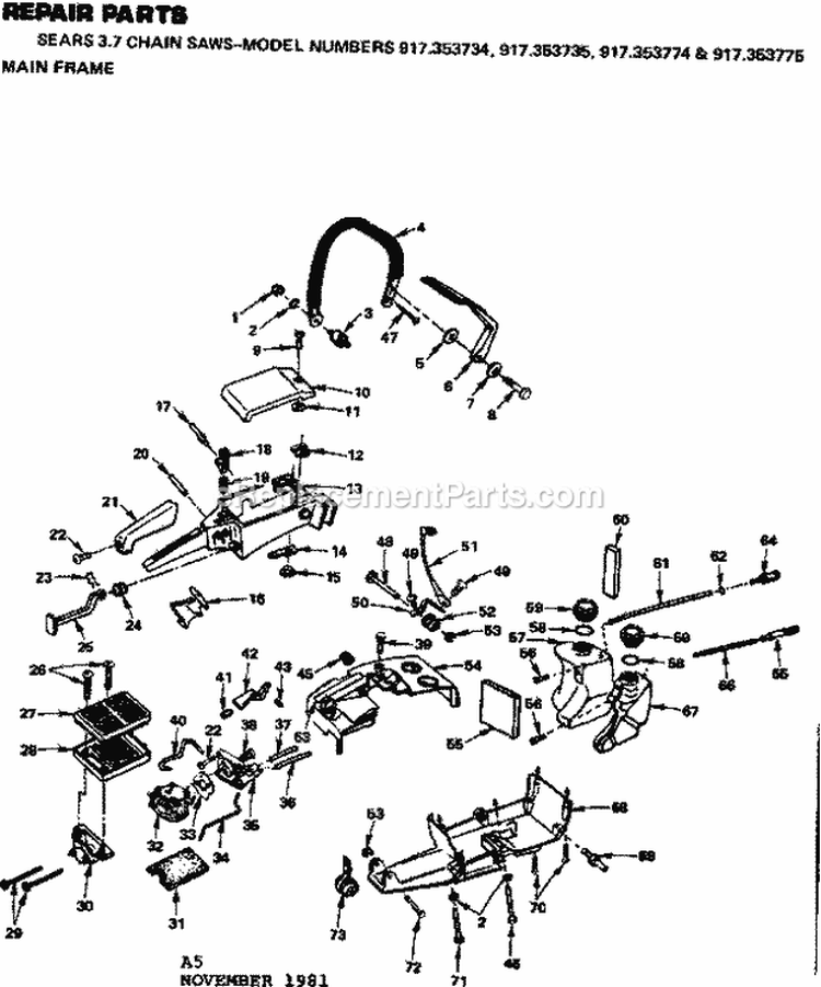 Main Frame Diagram and Parts List for  Craftsman Chainsaw