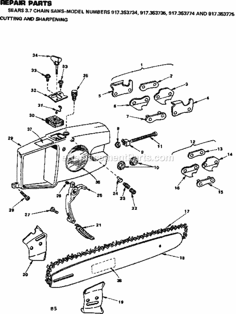 Cutting And Sharpening Diagram and Parts List for  Craftsman Chainsaw