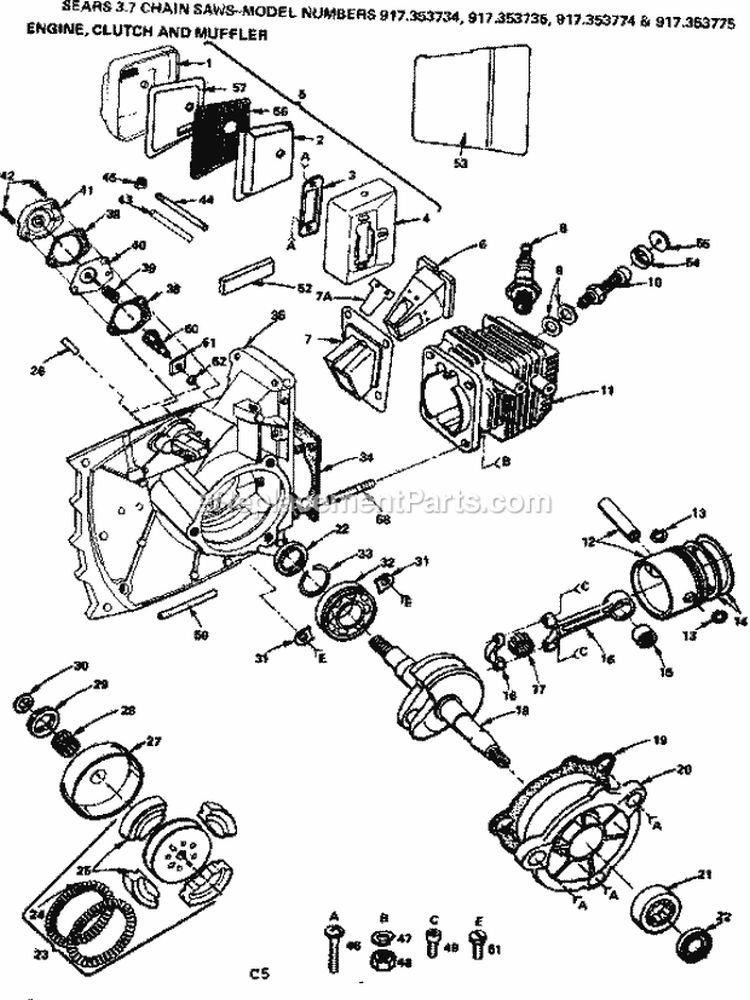 Engine Clutch And Muffler Diagram and Parts List for  Craftsman Chainsaw