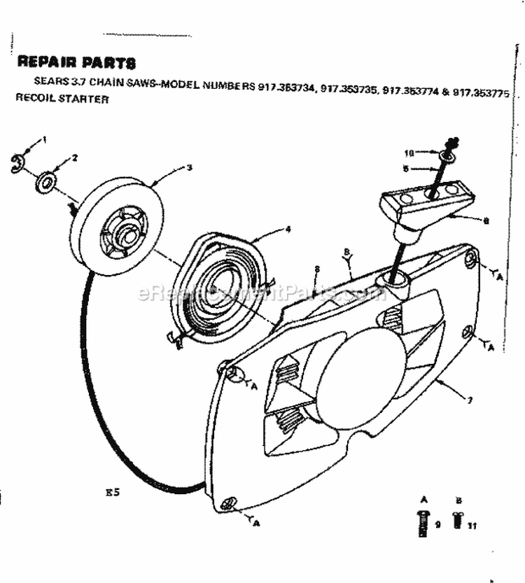 Recoil Starter Diagram and Parts List for  Craftsman Chainsaw