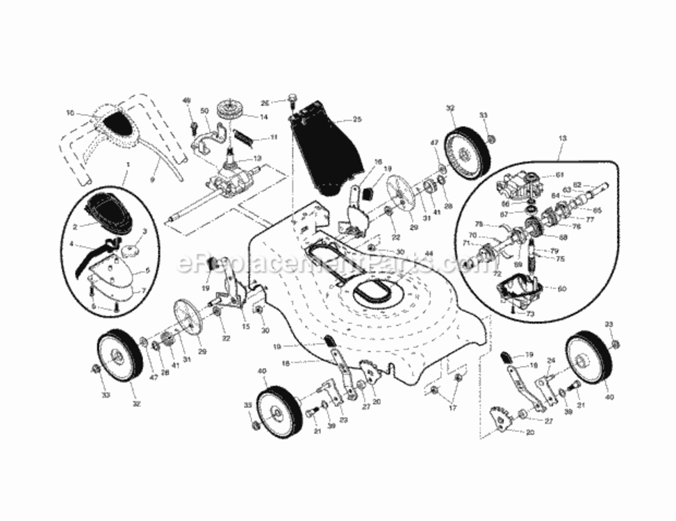 Drive_ControlGear_CaseWheels Diagram and Parts List for  Craftsman Lawn Mower