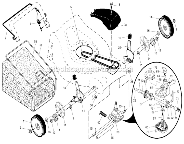 Drive ControlGear CaseWheels Diagram and Parts List for  Craftsman Lawn Mower