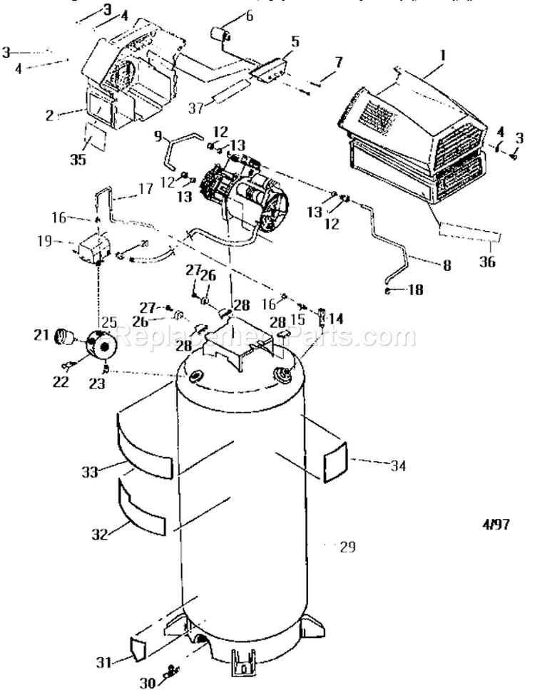 Air Compressor Diagram and Parts List for  Craftsman Compressor
