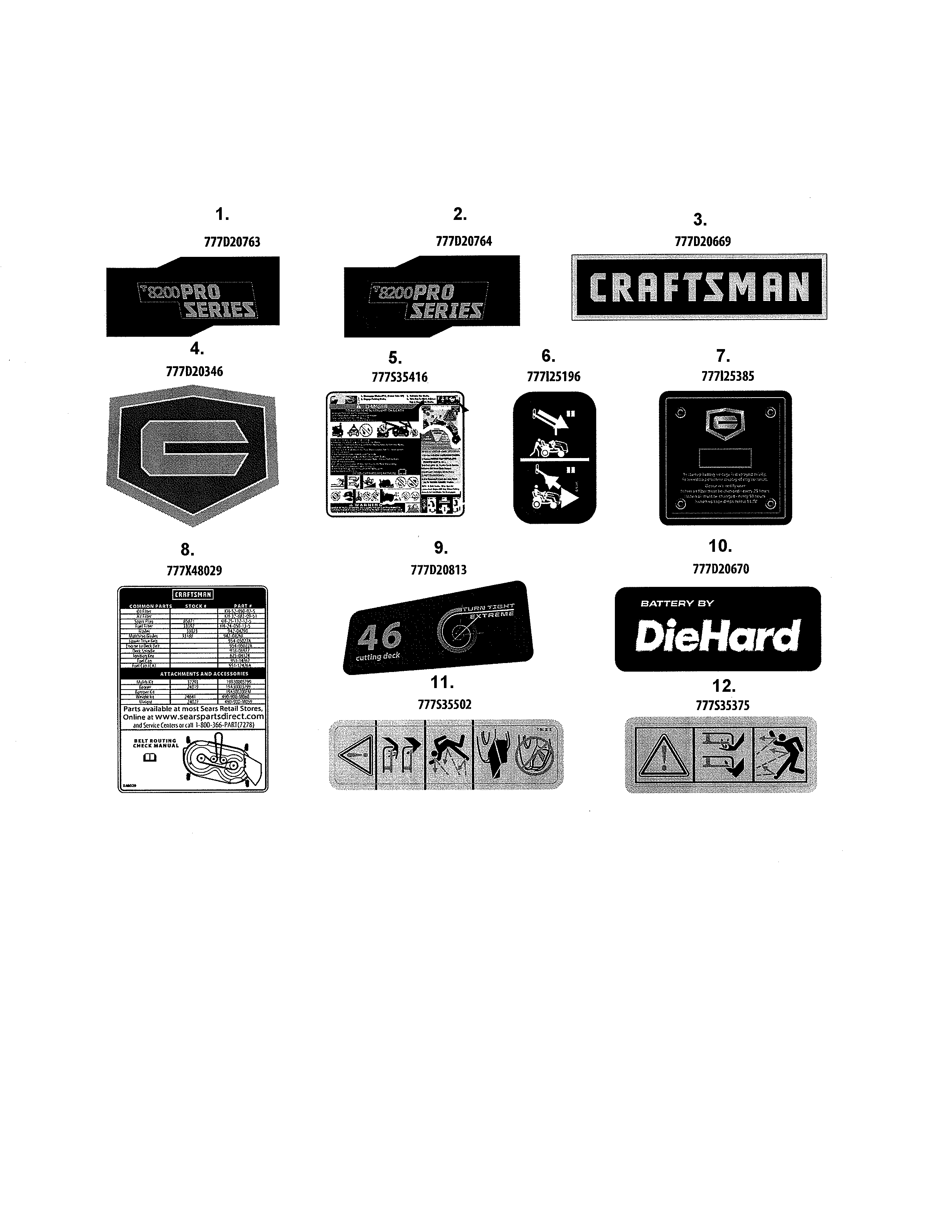 Decals Diagram and Parts List for  Craftsman Lawn Tractor