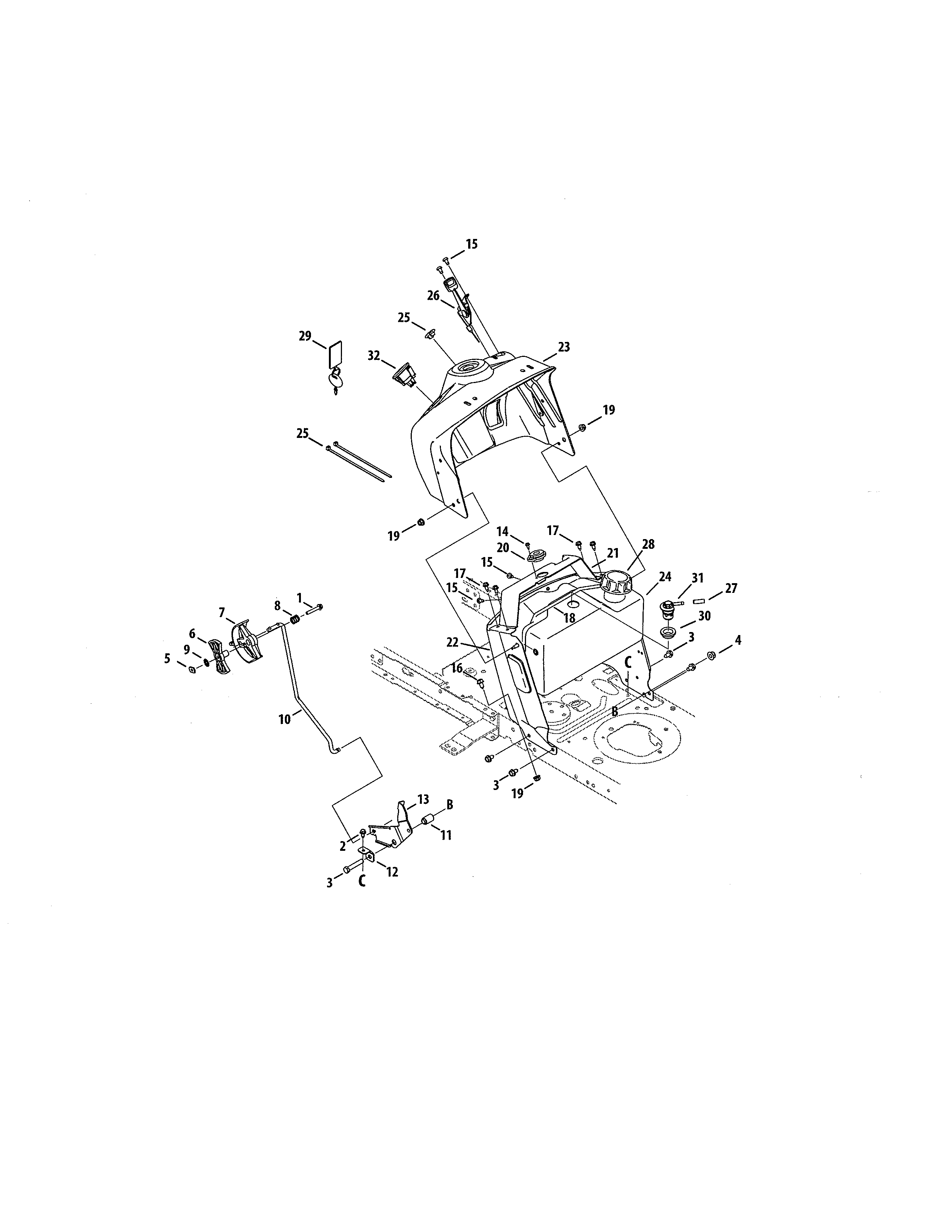 Upper Dash Panel/fuel Tank Diagram and Parts List for  Craftsman Lawn Tractor