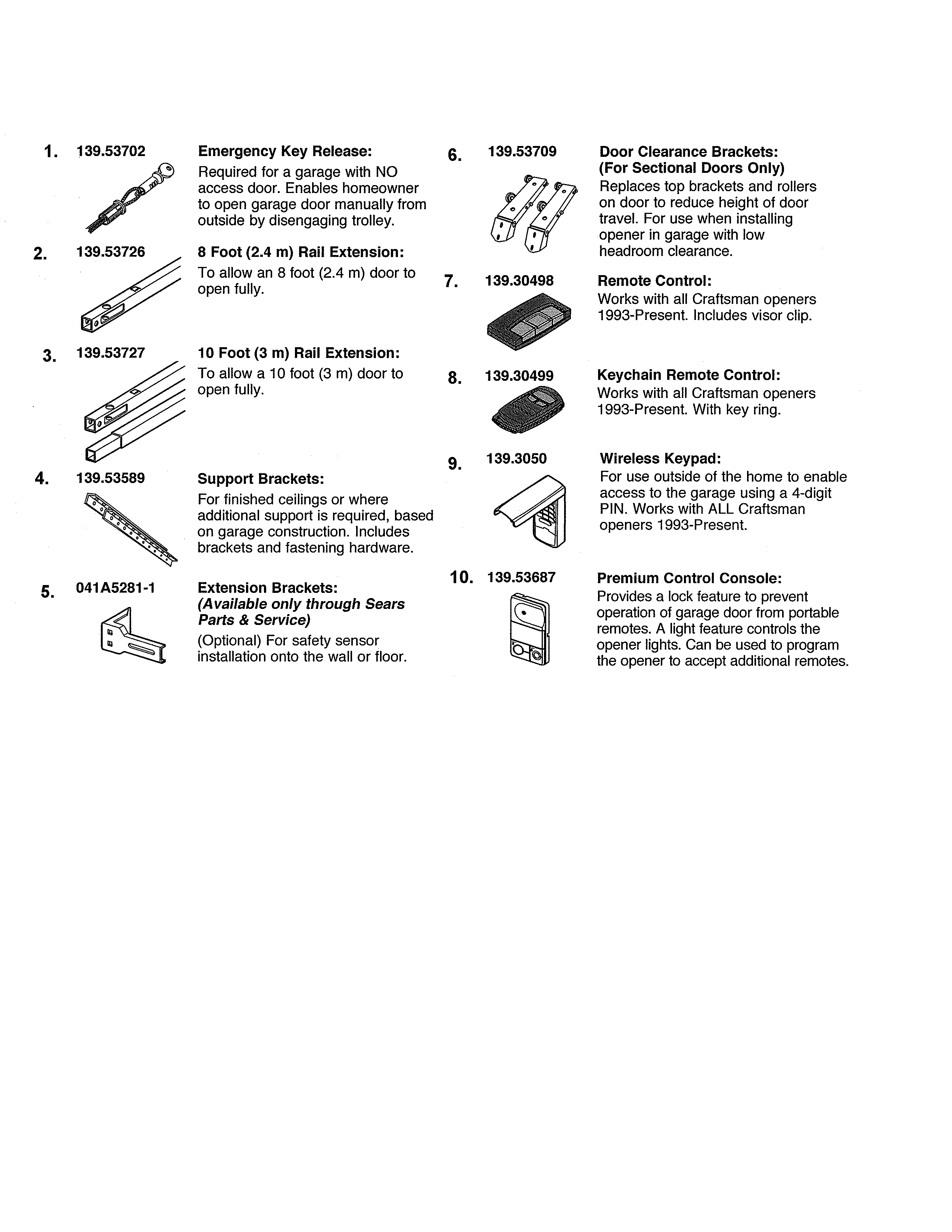 Accessories Diagram and Parts List for  Craftsman Garage Door Opener