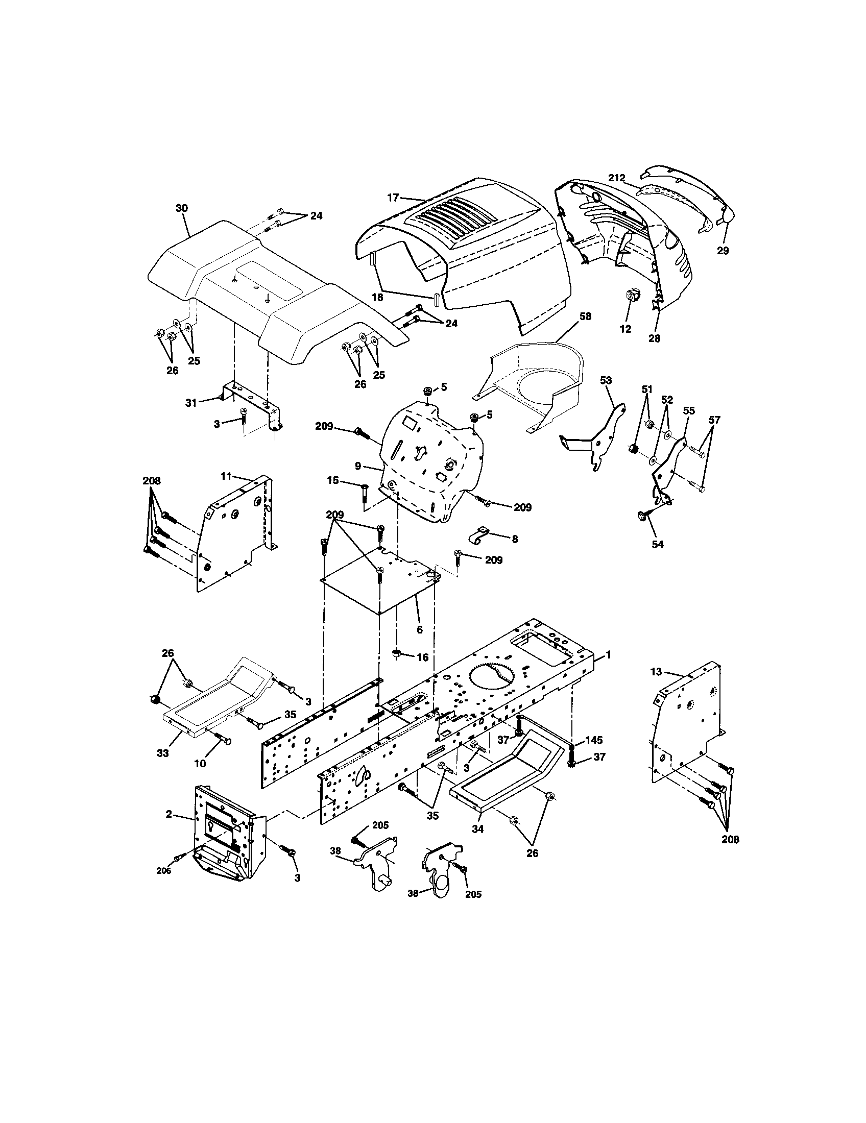 Chassis And Enclosures Diagram and Parts List for  Craftsman Lawn Tractor