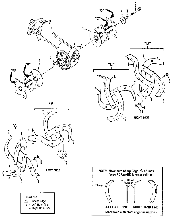 Bolo Tine Assemblies Diagram and Parts List for  Craftsman Tiller