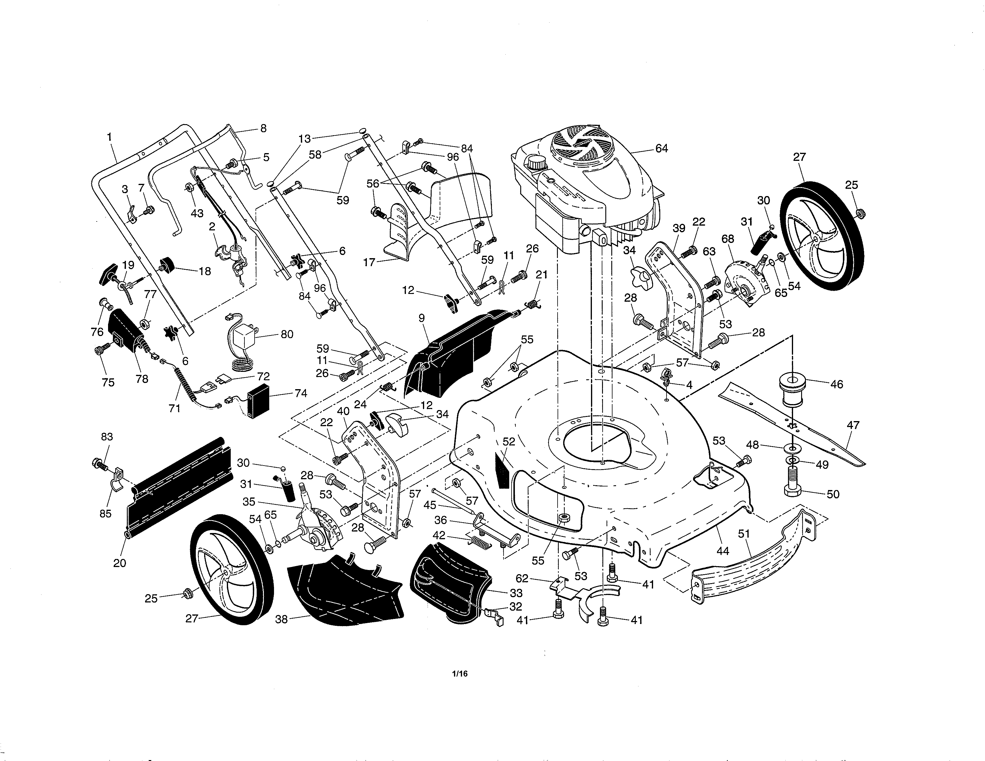 Engine/housing/handle Diagram and Parts List for  Craftsman Lawn Mower