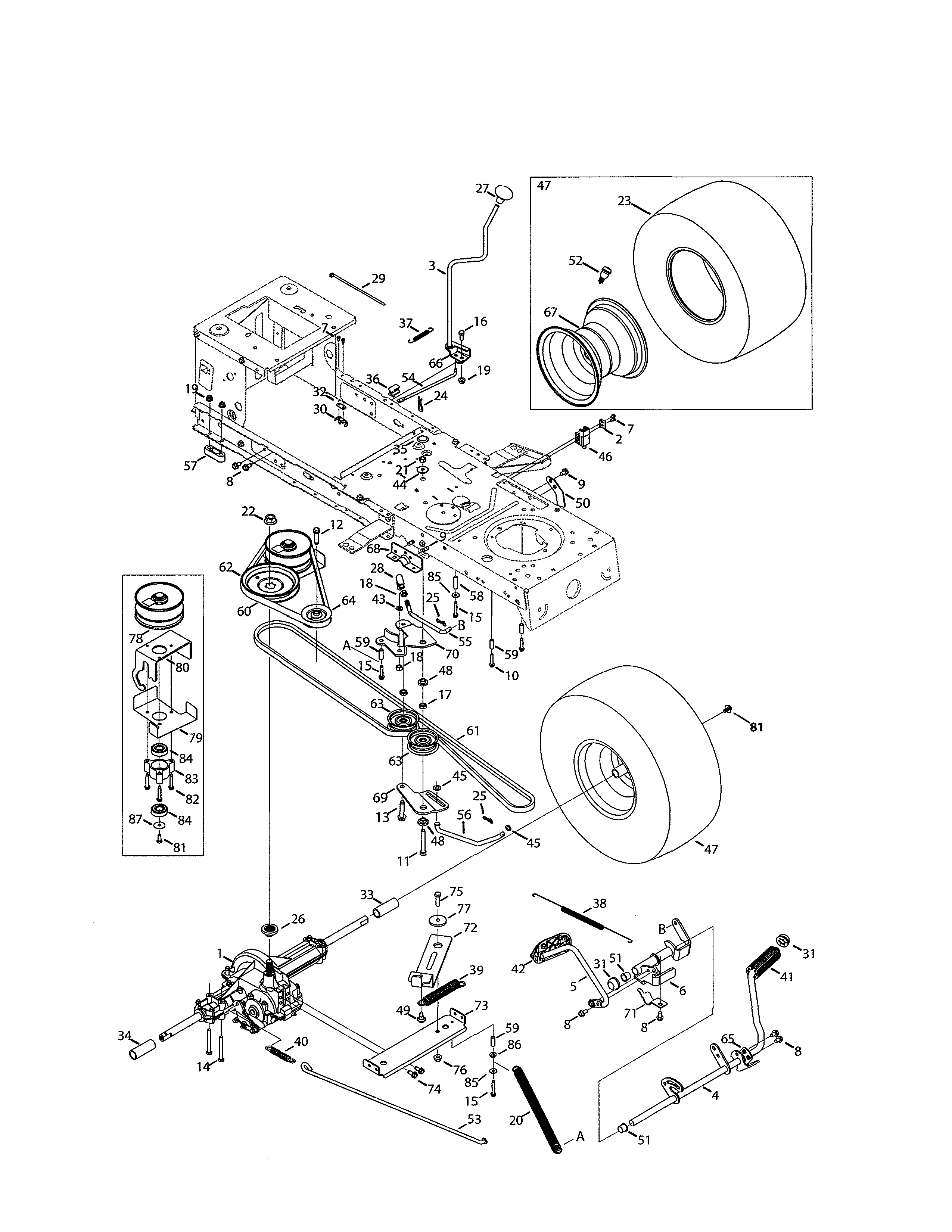 Transmission/wheel/pulleys Diagram and Parts List for  Craftsman Lawn Tractor
