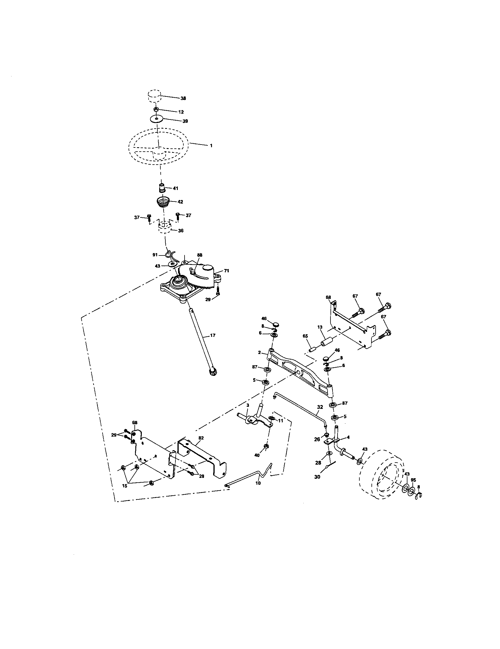 Steering Assembly Diagram and Parts List for  Craftsman Lawn Tractor
