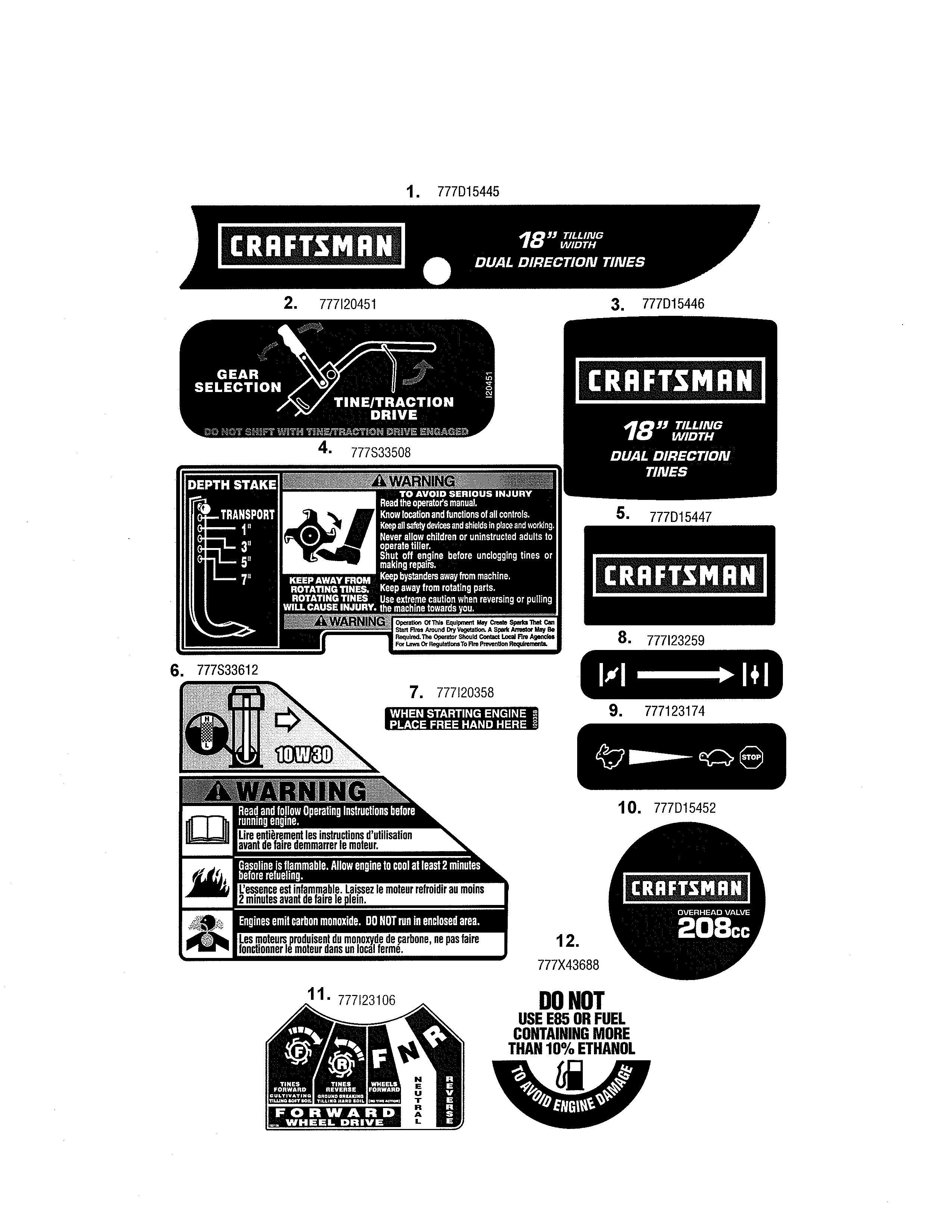 Decals Diagram and Parts List for  Craftsman Tiller