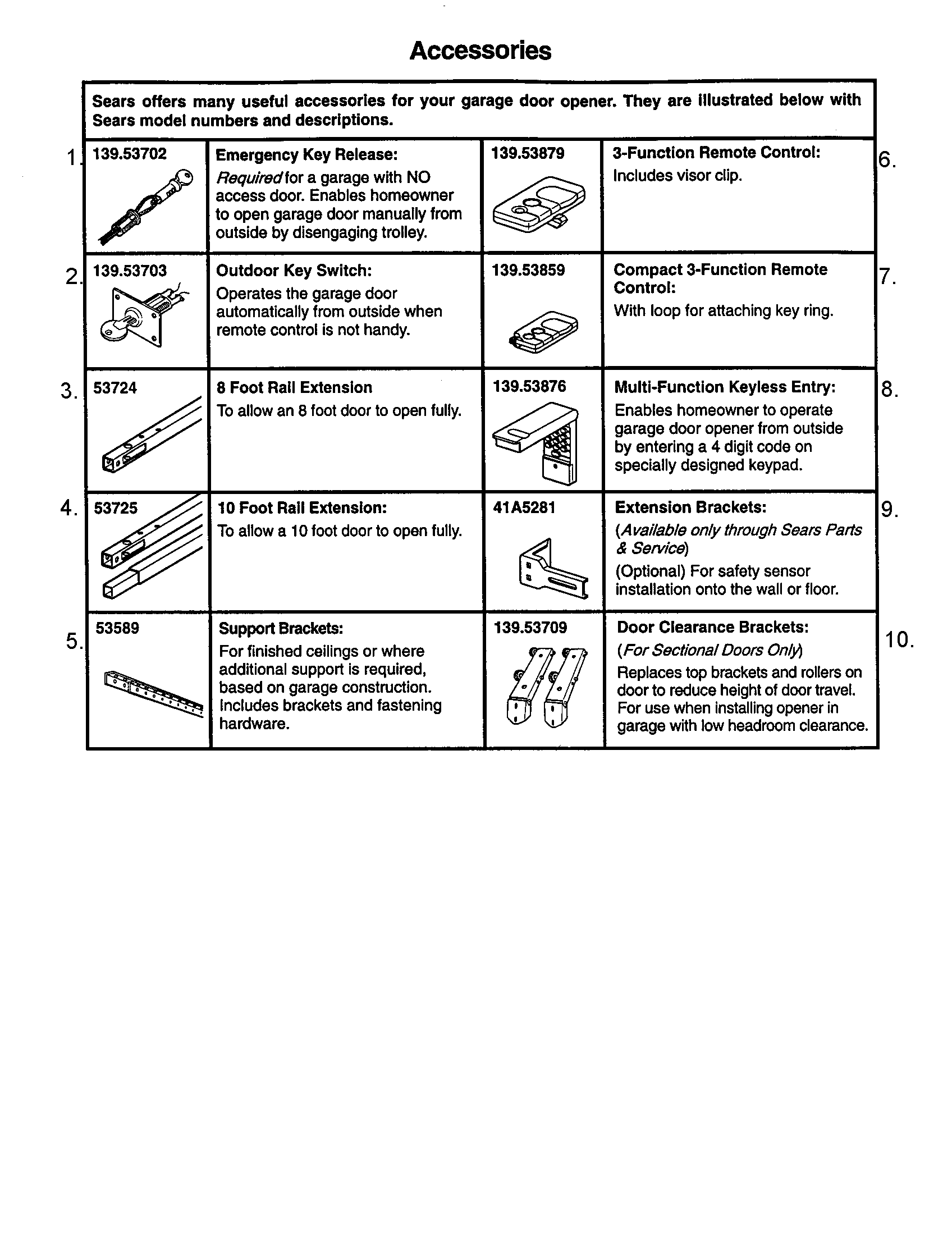Opener Accessories Diagram and Parts List for  Craftsman Garage Door Opener