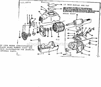 Motor Assembly Diagram and Parts List for  Craftsman Chop Saw