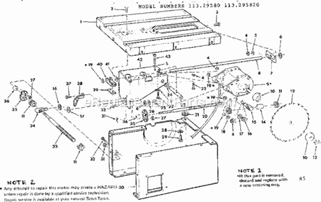Unit Breakdown Diagram and Parts List for  Craftsman Table Saw