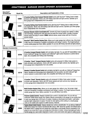 Security & Standard Accessories Diagram and Parts List for  Craftsman Garage Door Opener