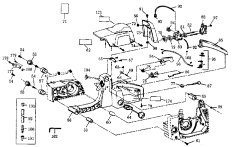 Main Frame Diagram and Parts List for  Craftsman Chainsaw