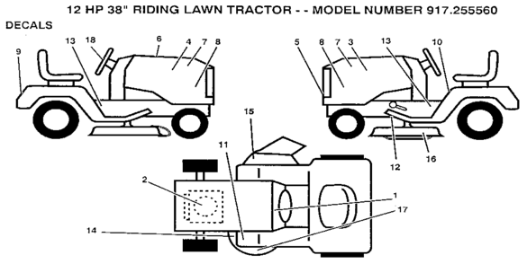 Decals Diagram and Parts List for  Craftsman Lawn Tractor