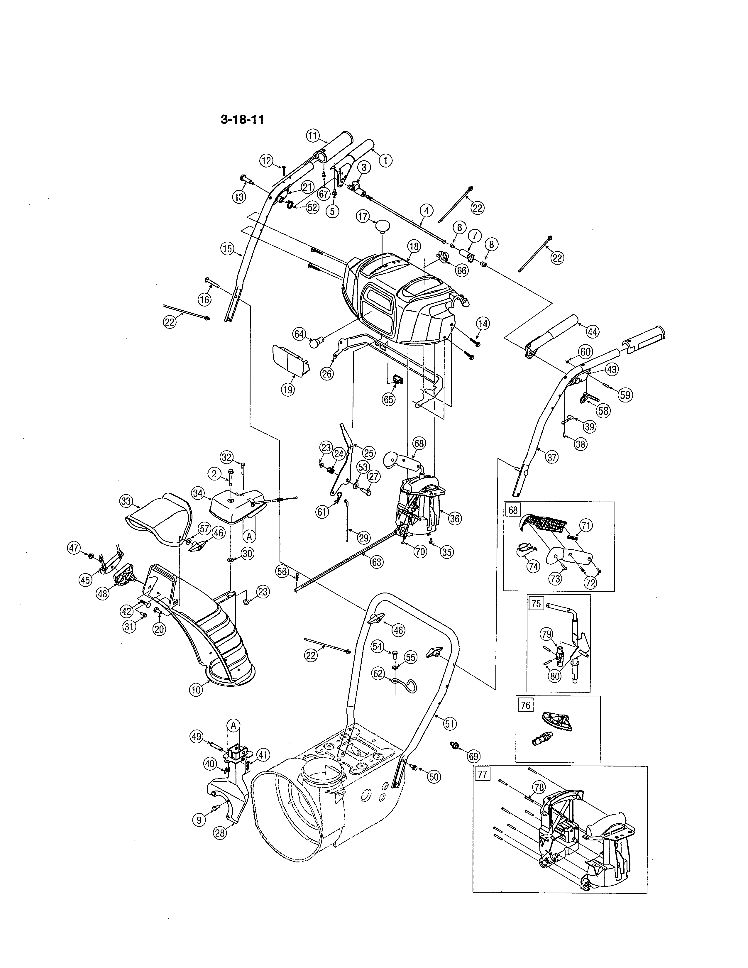 Handles/chute Diagram and Parts List for  Craftsman Snow Blower