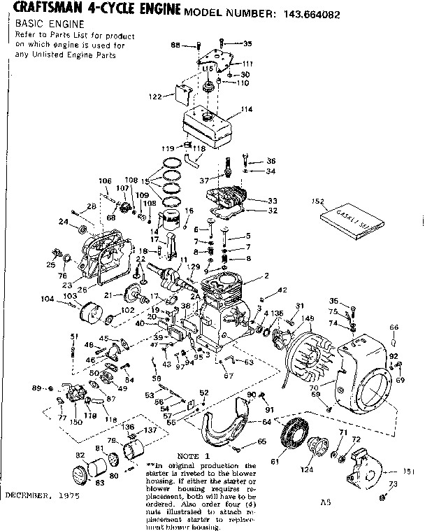 Replacement Parts Diagram and Parts List for 143664082  Craftsman Engine