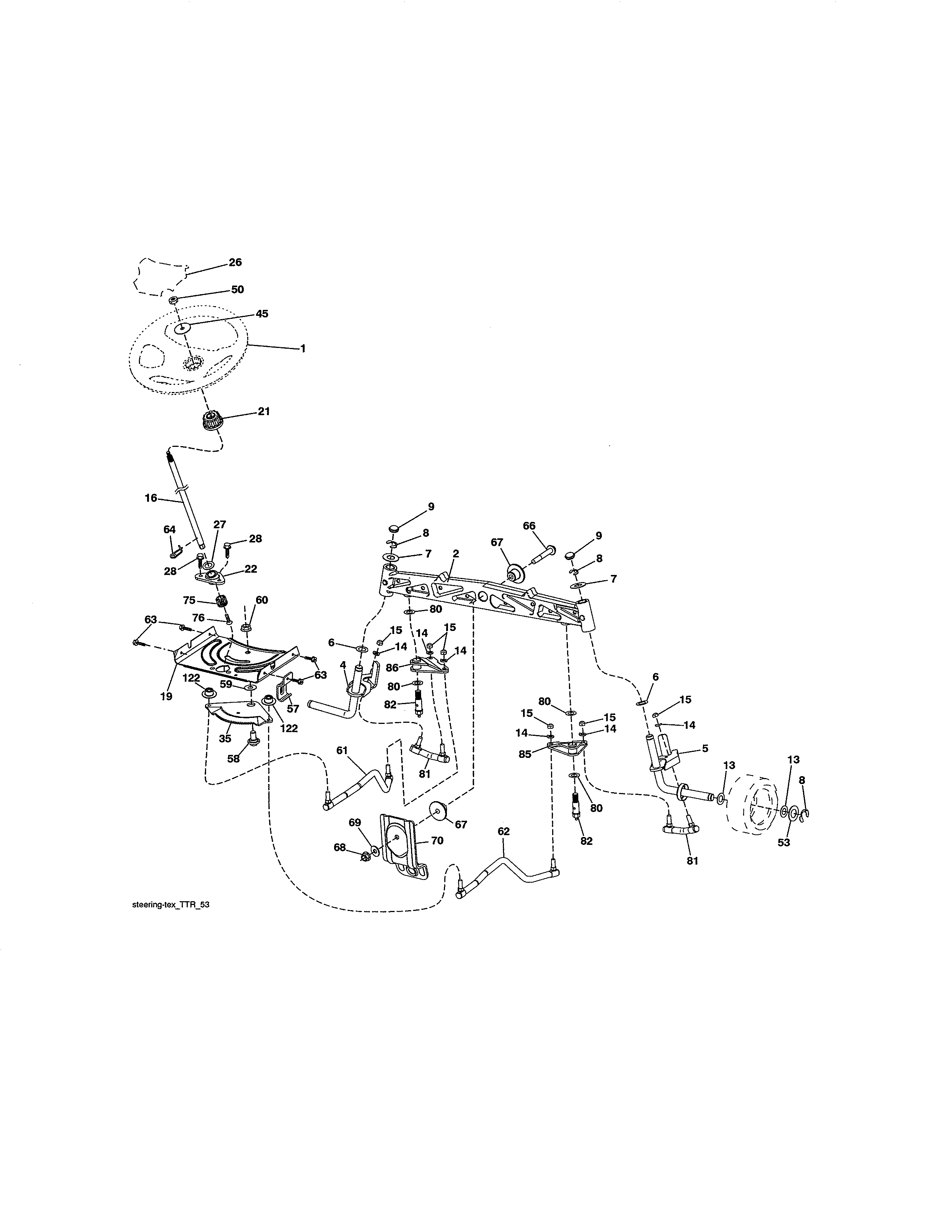 Steering Assembly Diagram and Parts List for  Craftsman Lawn Tractor