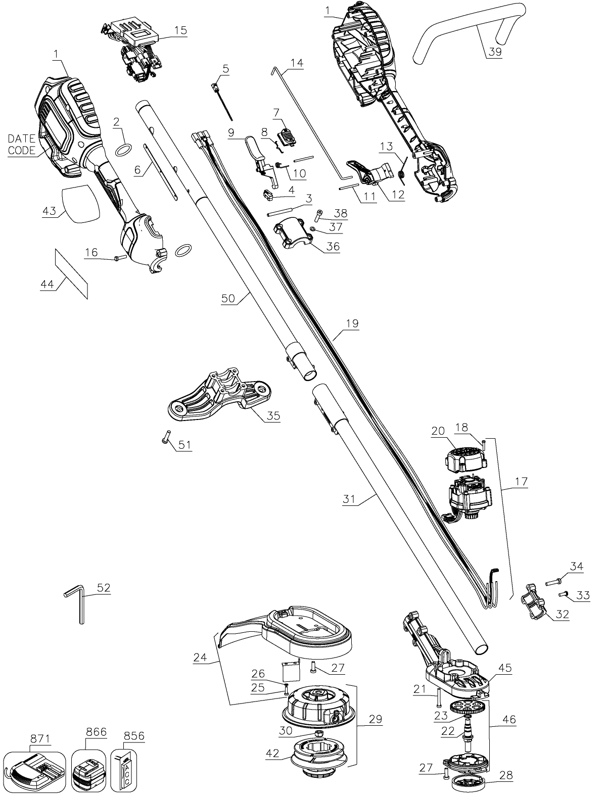 Default Diagram and Parts List for Type 3 DeWALT Trimmer