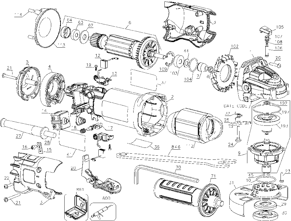 Page A Diagram and Parts List for Type 3 DeWALT Angle Grinder