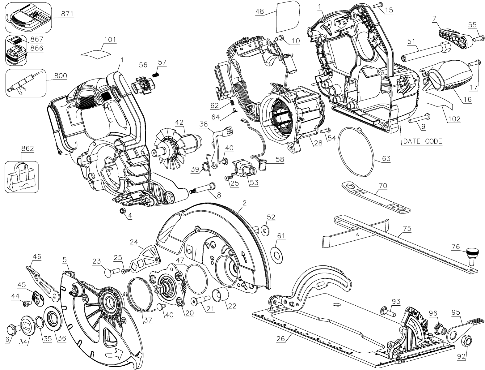 Default Diagram and Parts List for Type 1 DeWALT Circular Saw