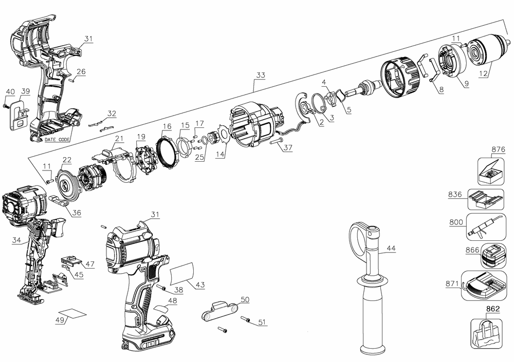 Diagram Diagram and Parts List for Type 1 DeWALT Hammer Drill