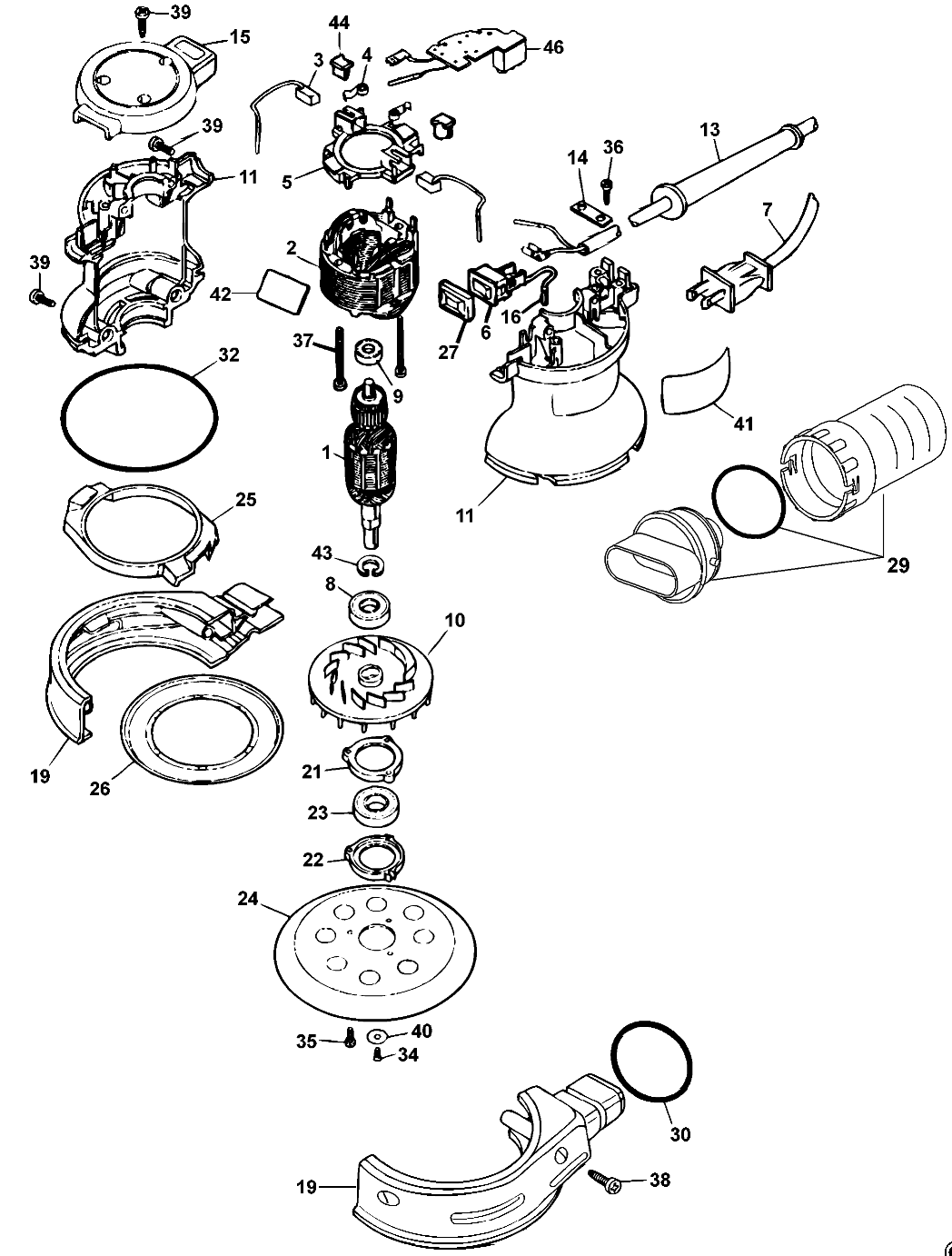 Default Diagram and Parts List for Type 3 DeWALT Sander Polisher
