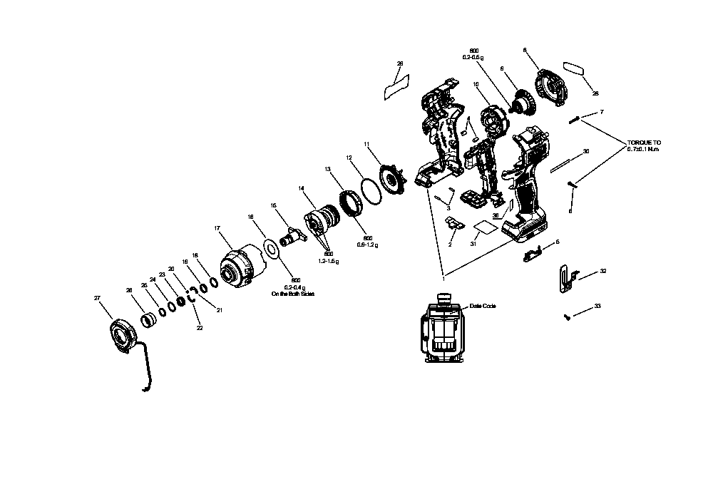 Section 1 Diagram and Parts List for Type 1 DeWALT Impact Driver