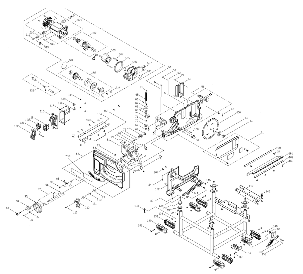 Exploded Diagram B Diagram and Parts List for Type 3 DeWALT Table Saw