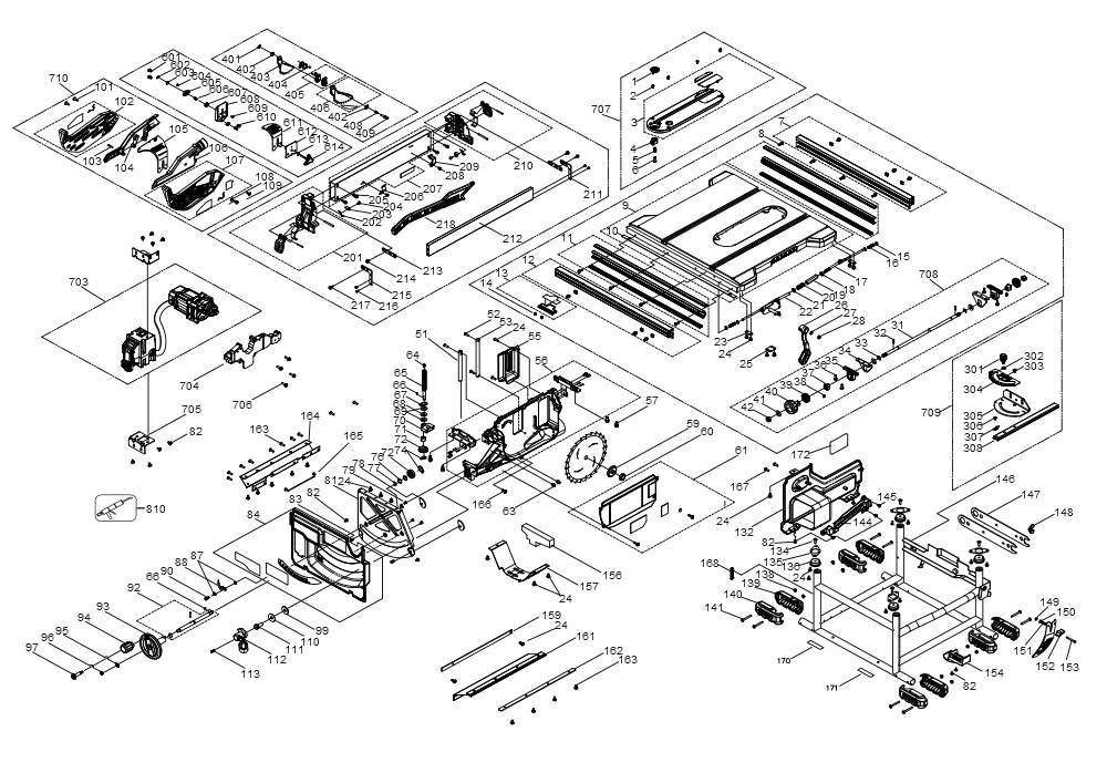 Exploded Diagram B Diagram and Parts List for Type 10 DeWALT Table Saw