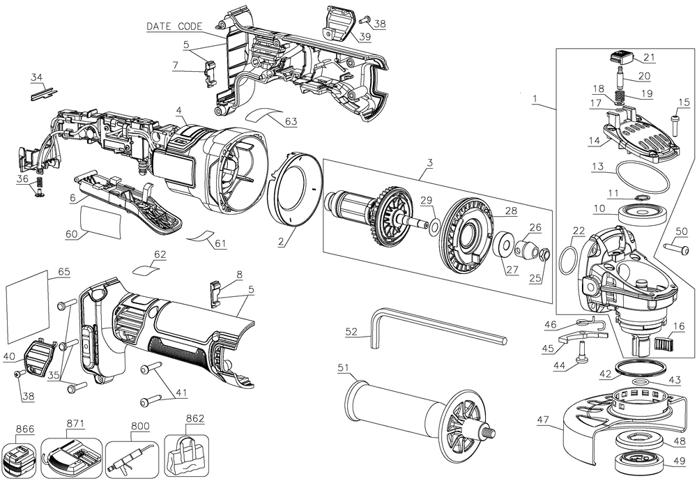 Section 1 Diagram and Parts List for Type 1 DeWALT Angle Grinder