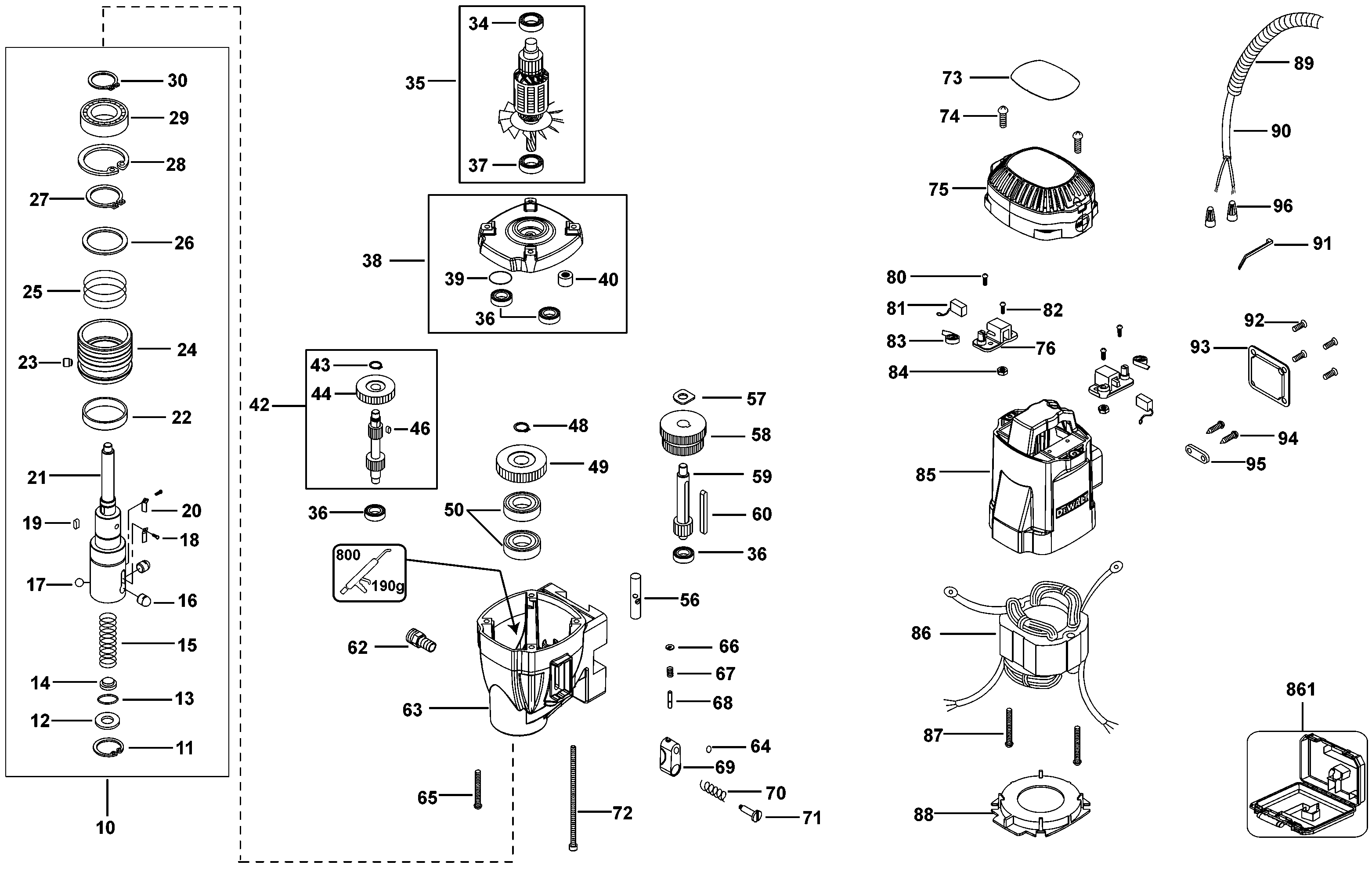 Default Diagram and Parts List for Type 1 DeWALT Boring Machine
