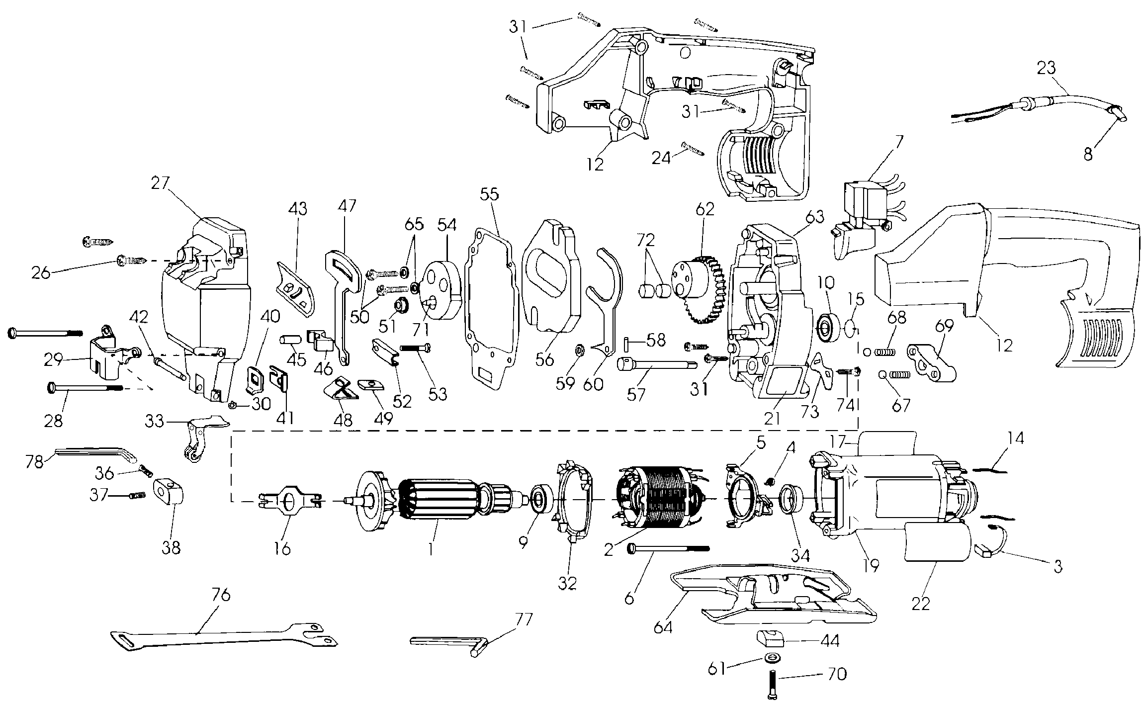Default Diagram and Parts List for Type 2 DeWALT Jig Saw