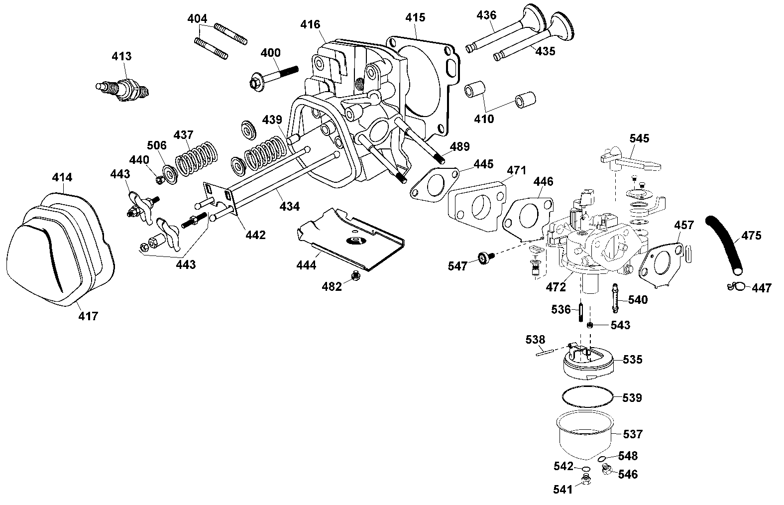Carburetor & Cylinder Head Diagram and Parts List for Type 1 DeWALT Pressure Washer