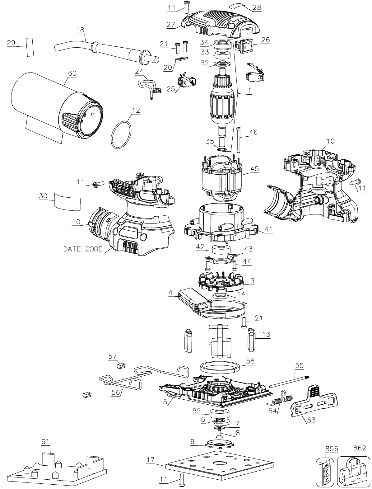 Default Diagram and Parts List for Type 1 DeWALT Sander Polisher