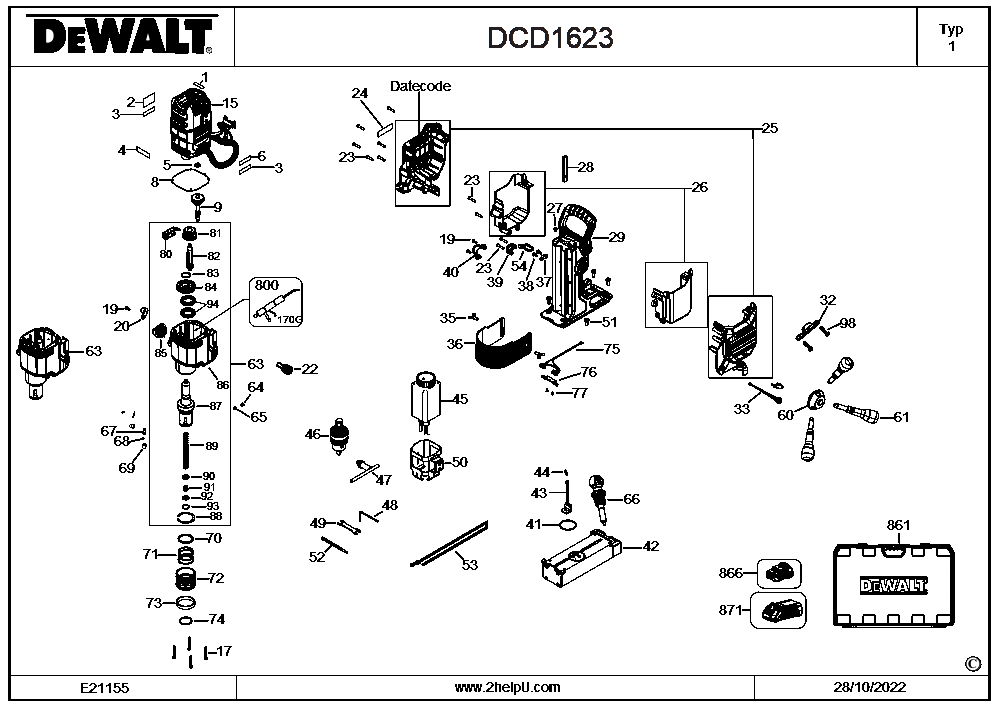 Section 1 Diagram and Parts List for Type 1 DeWALT Drill