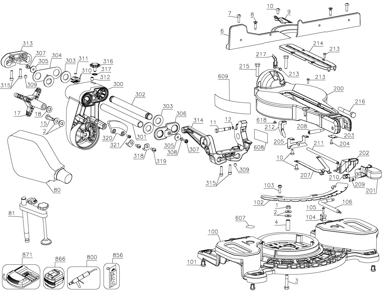 TABLE Diagram and Parts List for Type 1 DeWALT Miter Saw