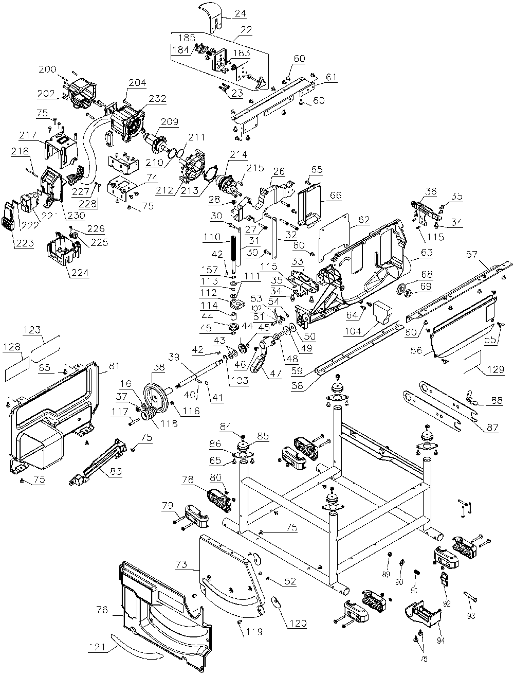 Exploded Diagram B Diagram and Parts List for Type 3 DeWALT Table Saw