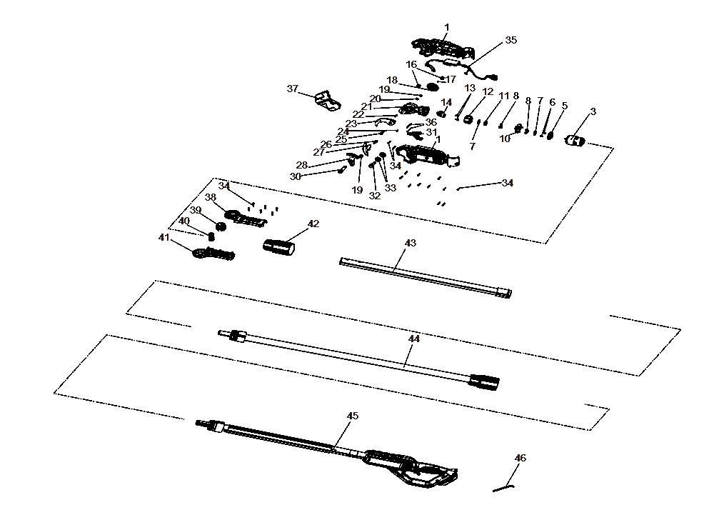 Section 1 Diagram and Parts List for Type 1 DeWALT Hedge Trimmer