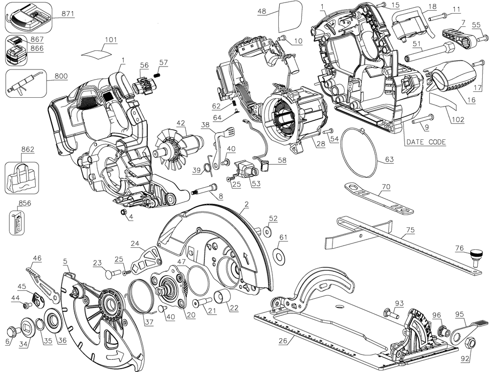 Page A Diagram and Parts List for Type 2 DeWALT Circular Saw