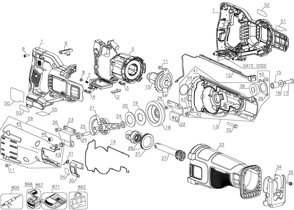 Diagram Diagram and Parts List for Type 1 DeWALT Reciprocating Saw